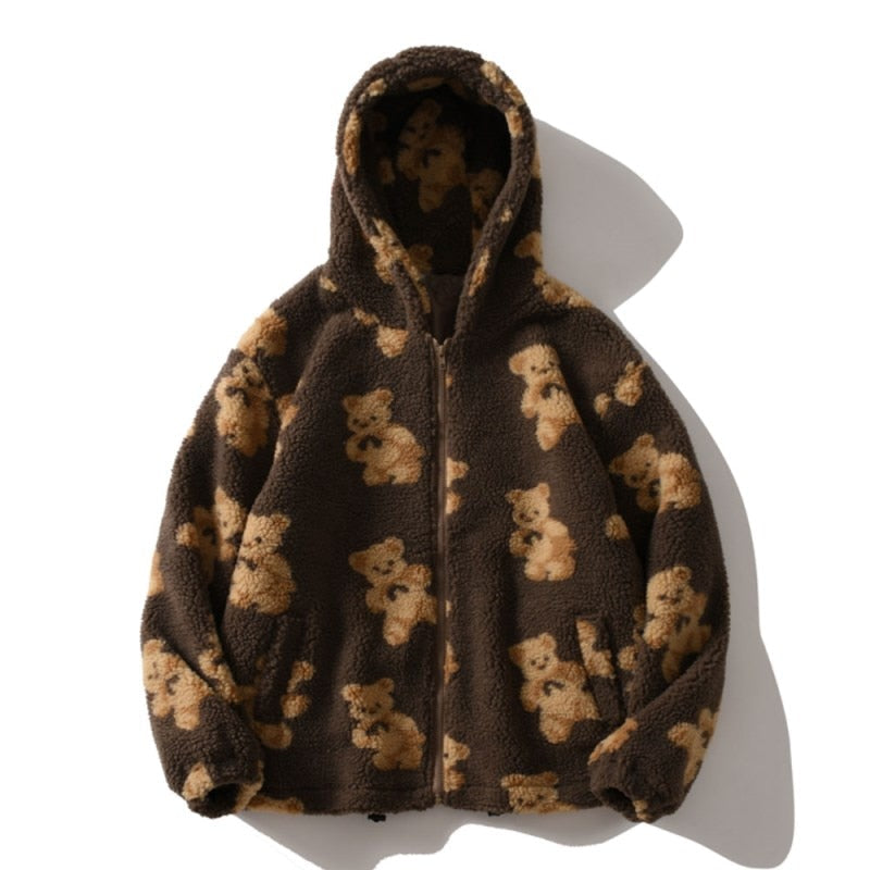 Street-wave Teddy Coat for Women Cozy Warm Faux Fur Outerwear With Heart Print Design