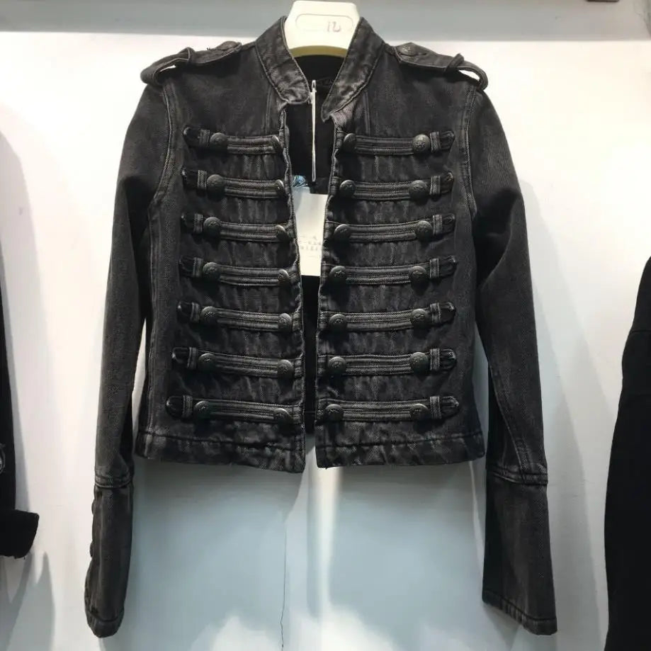 Street-Wave Military Denim Jacket With Iconic Button Rows Cotton-Poly Blend For Edgy Women