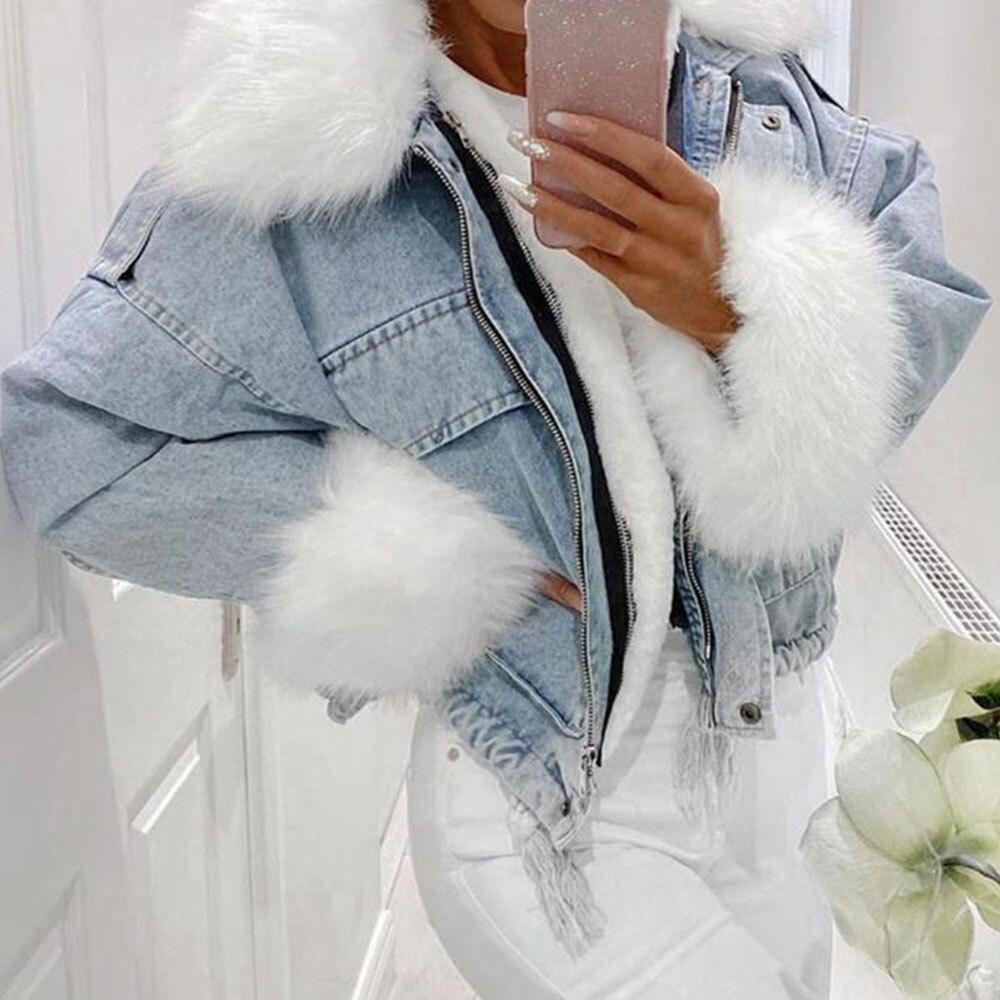 Street-wave Denim Jacket With Faux Fur Trim For Women, Warm Cozy Oversized Winter Style