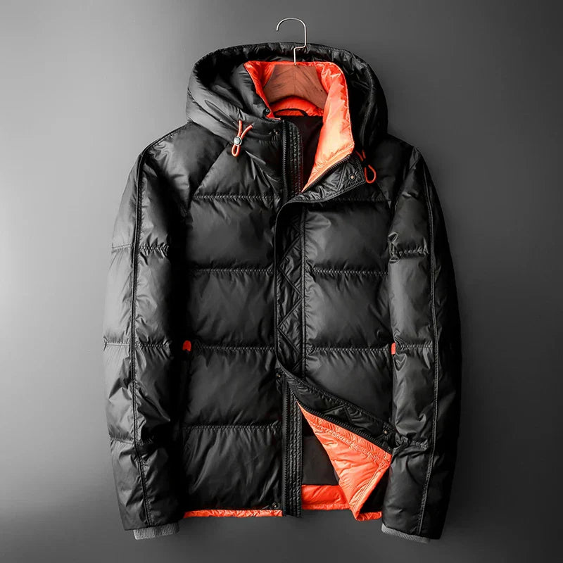 Street Wave Hooded Puffer Jacket With Orange Contrast Lining For Men Windproof Insulated Comfort