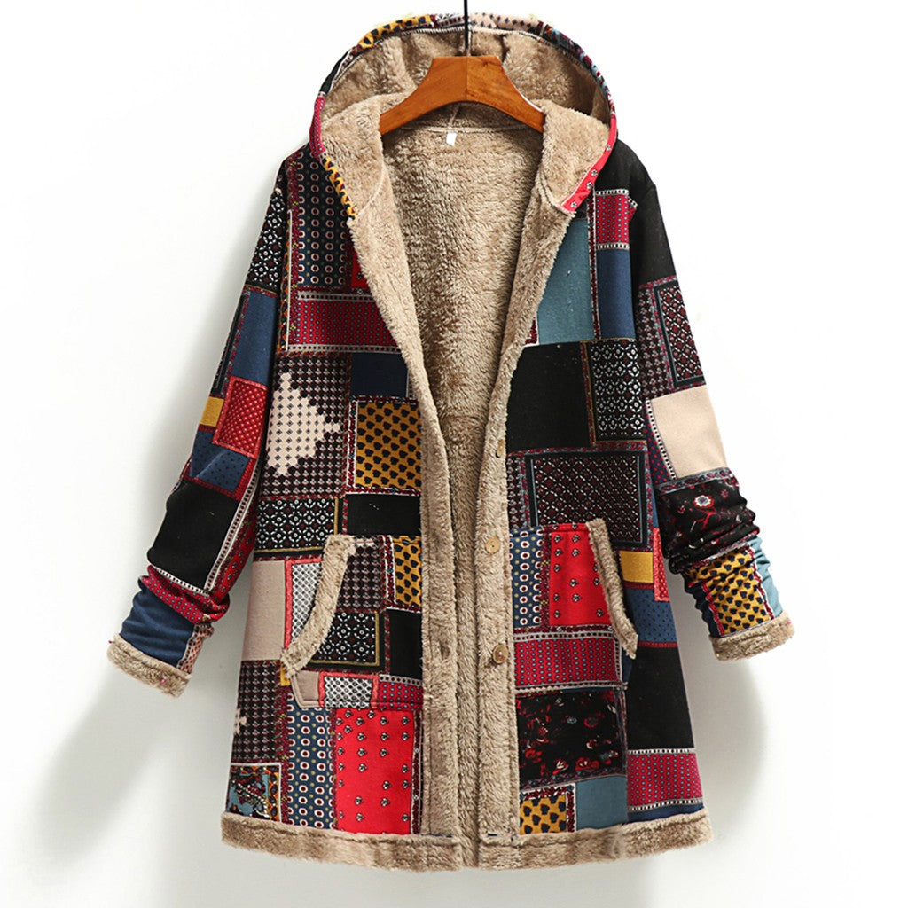 Streetwave Patchwork Fleece Hooded Long Coat Unisex Winter Streetwear Warm Cozy Soft Plush Lining