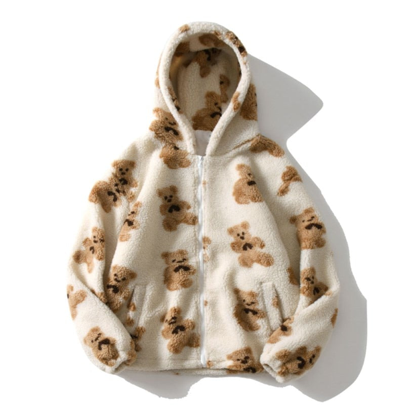Street-wave Teddy Coat for Women Cozy Warm Faux Fur Outerwear With Heart Print Design