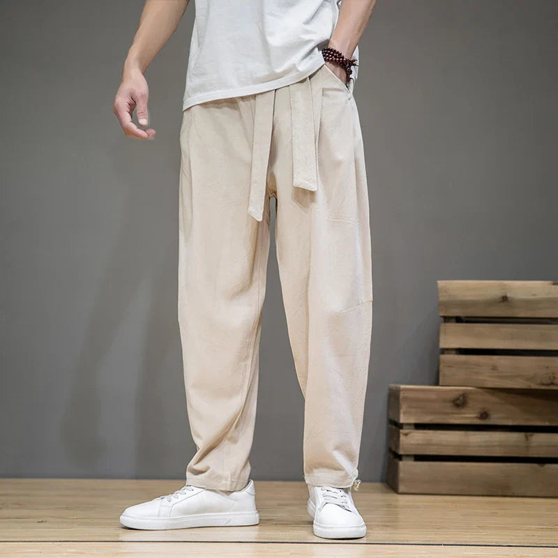 Street-Wave Linen Essential Mens Pants Breathable Summer Trousers With Relaxed Fit And Belt