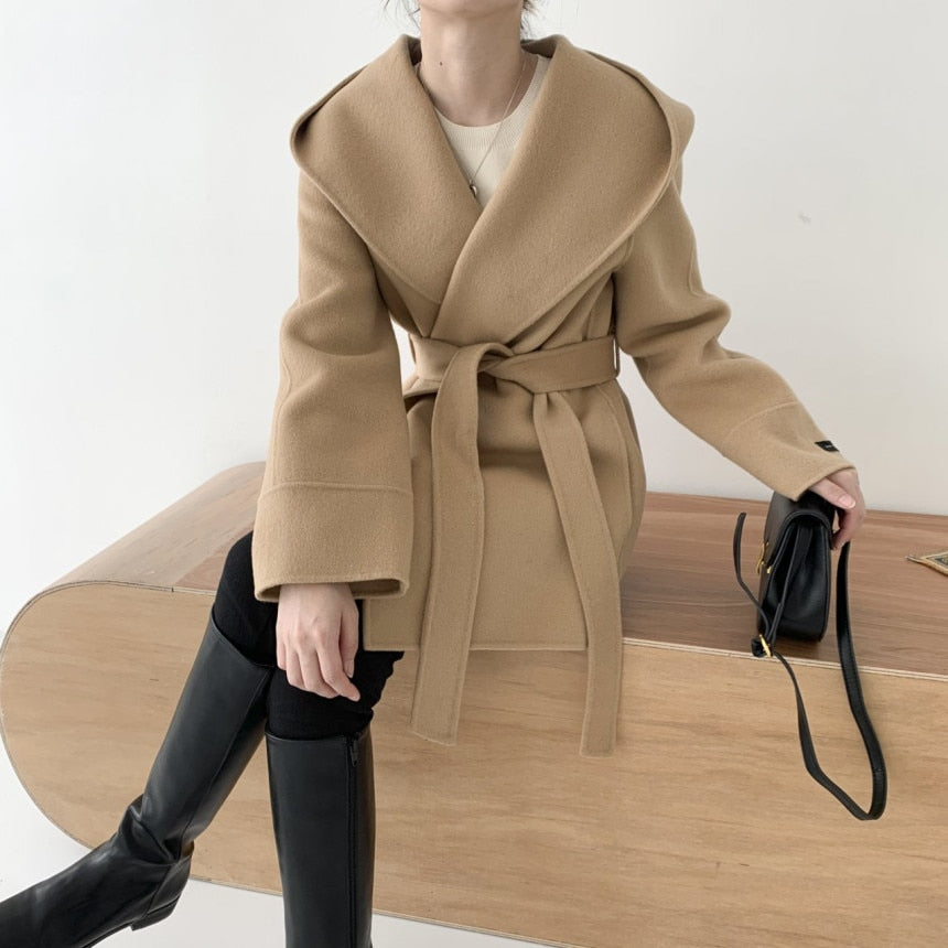 Street-Wave Womens Belted Wool Coat Warm Chic Versatile Winter Outerwear For Casual Office Days