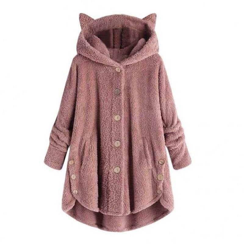 Street-Wave Cozy Plush Lined Hooded Coat For Women Warm Fleece Outerwear With Button Front