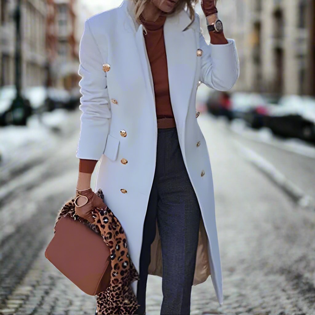 Street-wave Women's Elegant Long Double-Breasted Trench Coat With Tailored Fit And Classic Collar