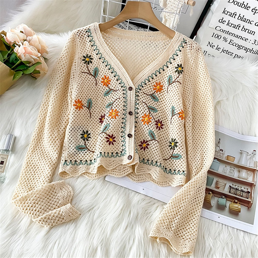 Street-wave Floral Embroidered Long-Sleeve Cardigan For Women Lightweight And Chic