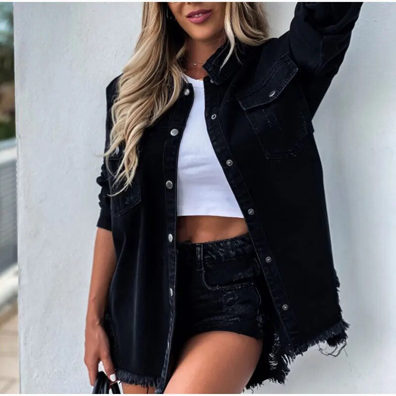 Street Wave Denim Jacket Oversized Distressed Frayed Hem Button Front Pockets For Women Casual Chic Comfort