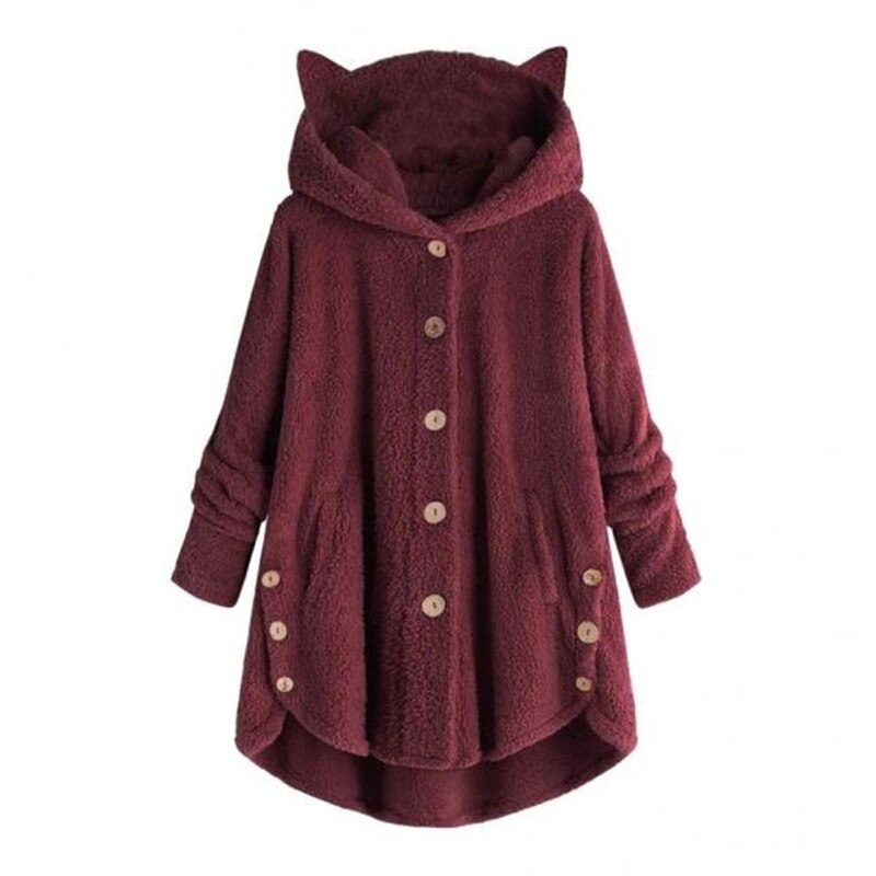 Street-Wave Cozy Plush Lined Hooded Coat For Women Warm Fleece Outerwear With Button Front
