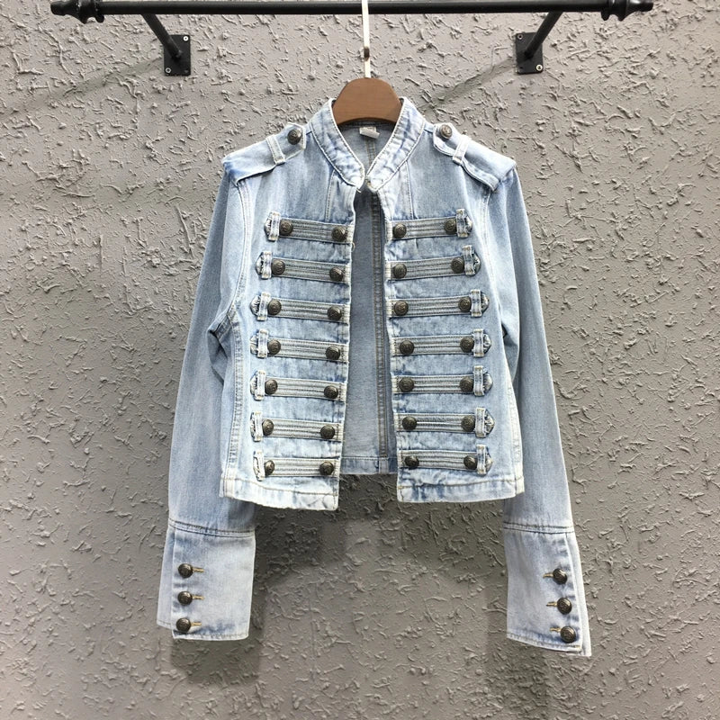 Street-Wave Military Denim Jacket With Iconic Button Rows Cotton-Poly Blend For Edgy Women