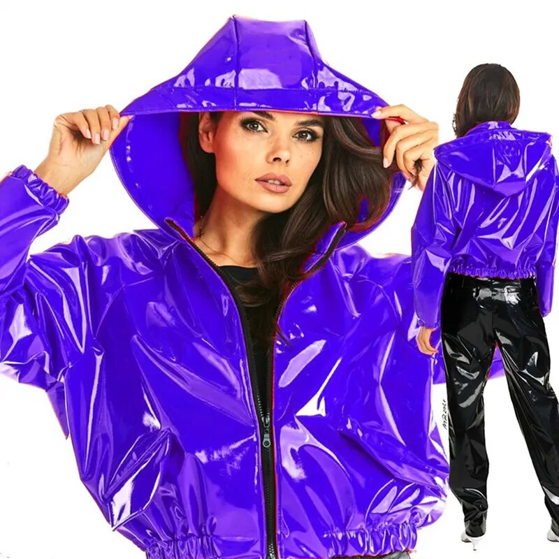 Street-wave Glossy Hooded Jacket For Women - Lightweight PVC-Blend Weatherproof Red Outerwear