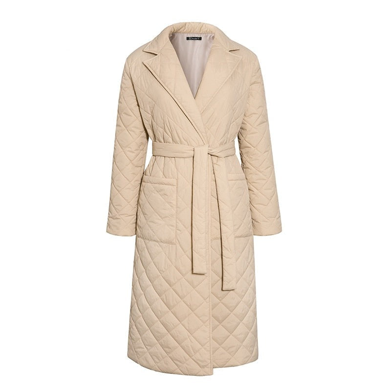 Street-wave Quilted Long Winter Coat for Women, Warm Belted Puffer With Cozy Fit