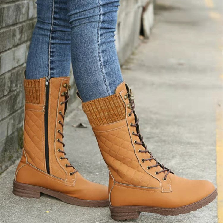 Street-wave Edgy Knee High Motorcycle Boots For Women With High Heel And Quilted Panels