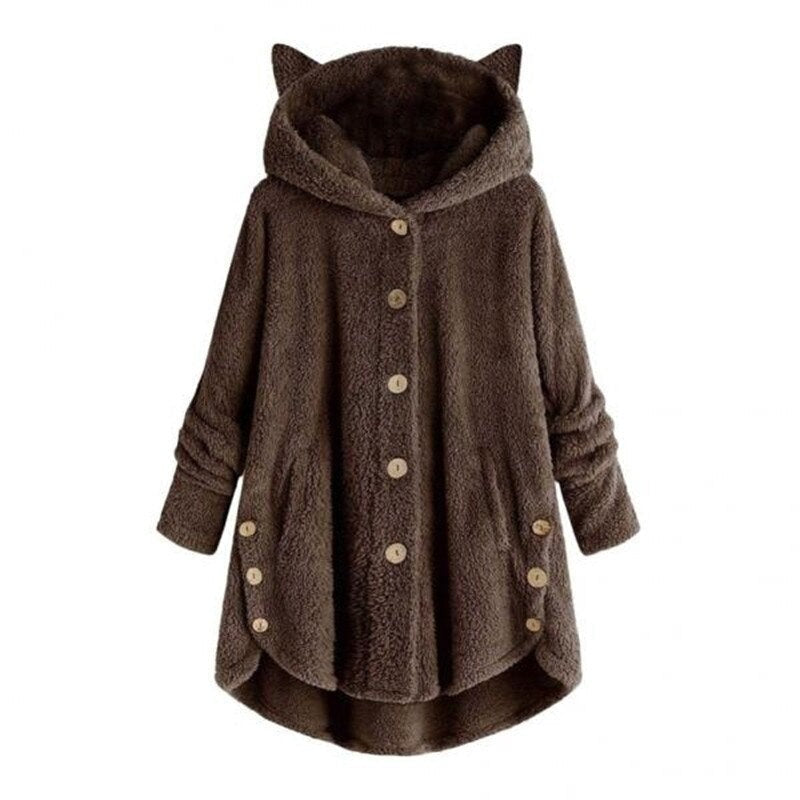 Street-Wave Cozy Plush Lined Hooded Coat For Women Warm Fleece Outerwear With Button Front