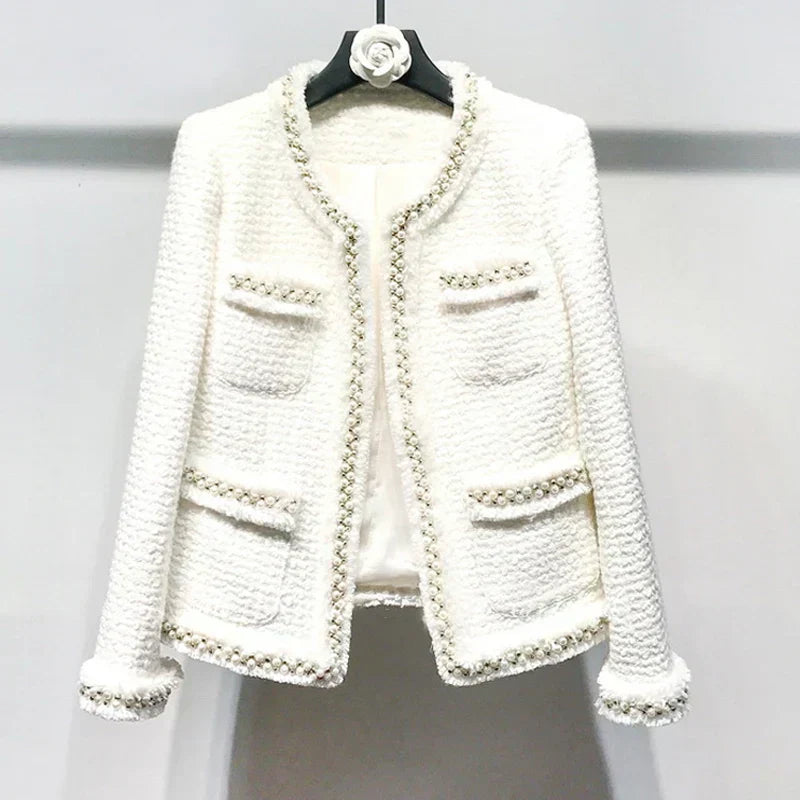 Street Wave White Tweed Jacket For Women, Cozy Classic Coat With Pearl Trim, Elegant Everyday Wear