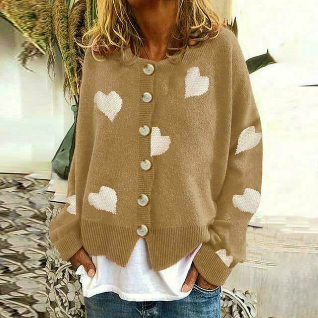 Heart Print Cardigan Street-Wave Cozy Cotton Cashmere Blend For Women All Season Warmth