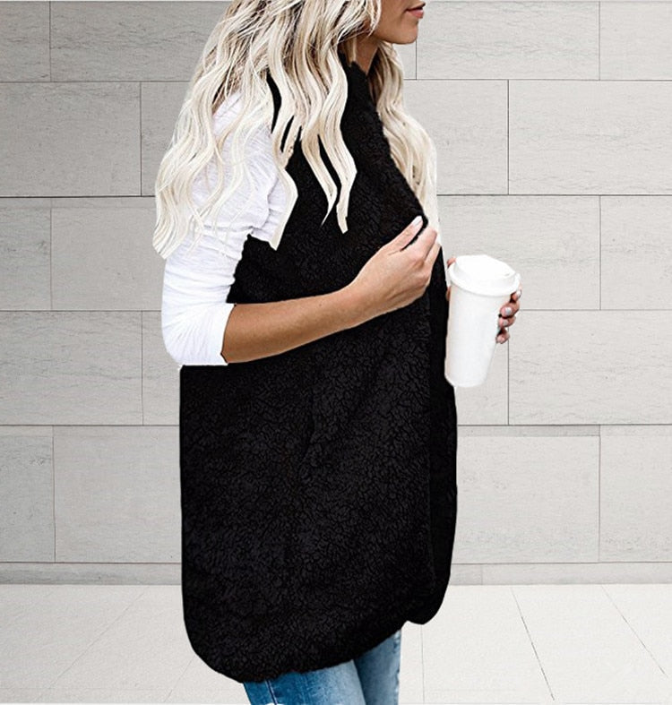 Street-wave Plush Sleeveless Hoodie Vest For Women Cozy Soft Faux Fur Pockets Warmth Everyday Wear