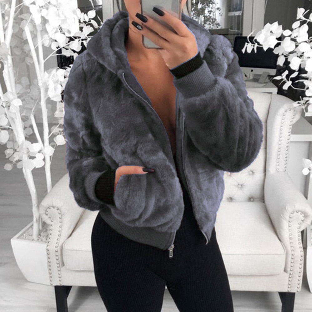Street-Wave Womens Plush Fur Hoodie Cozy Warm Faux Fur Lined Sweatshirt For Winter Style And Comfort