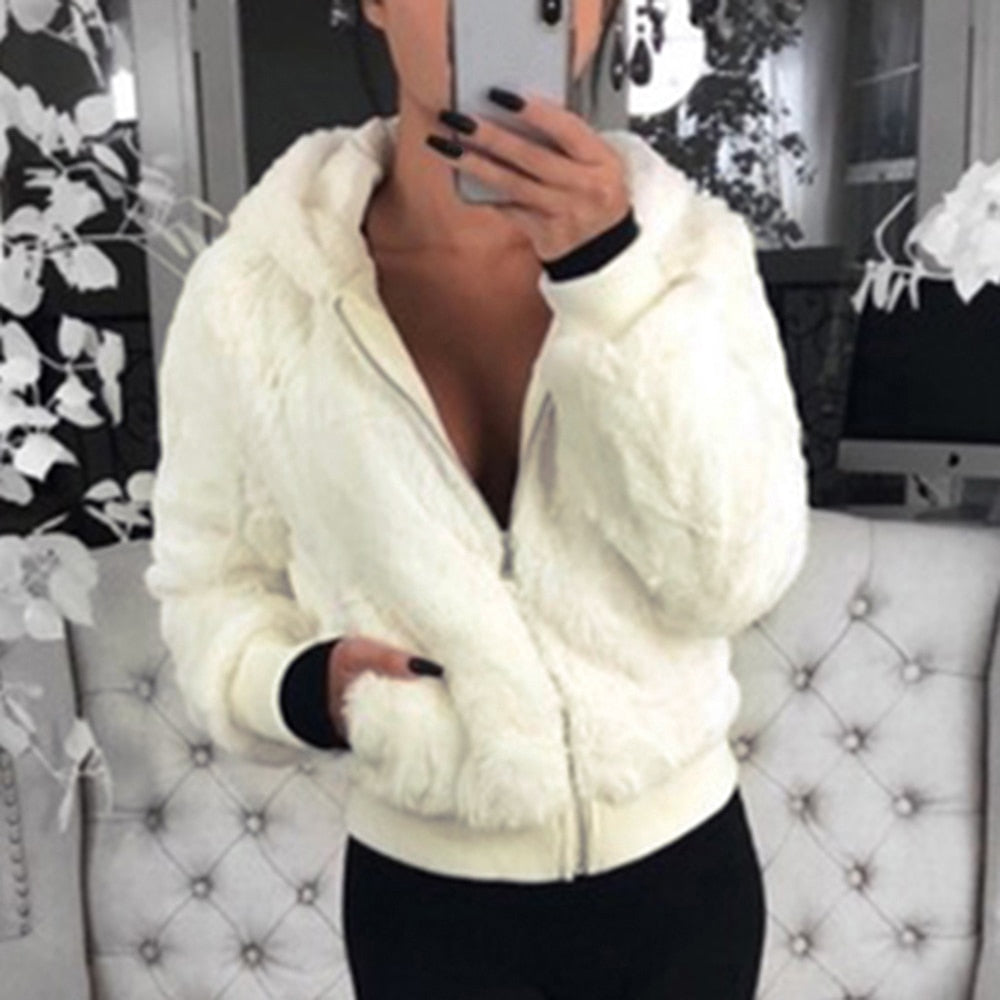 Street-wave Women's Plush Faux Fur Jacket With Cozy Warmth Hooded Zip Up Design For Stylish Winters