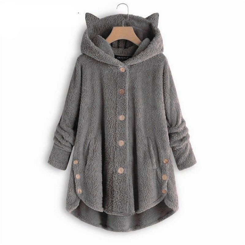 Street-Wave Cozy Plush Lined Hooded Coat For Women Warm Fleece Outerwear With Button Front