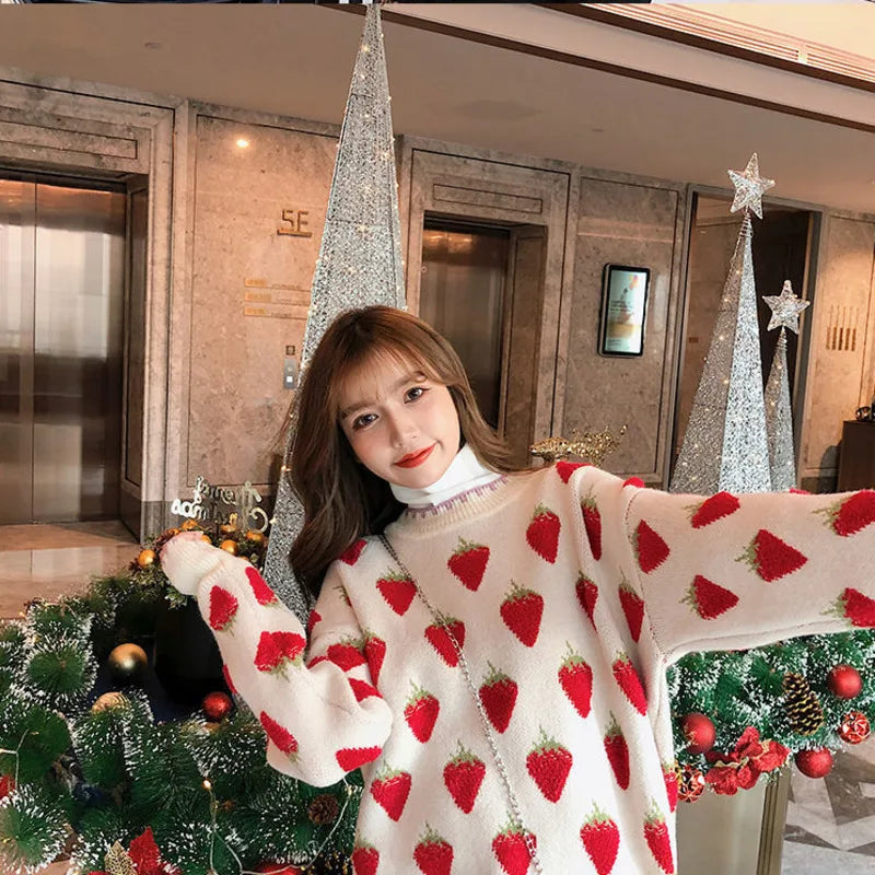 Street-wave Strawberry Pattern Winter Pullover For Women Elegant Classic Knit Sweater Cozy And Durable