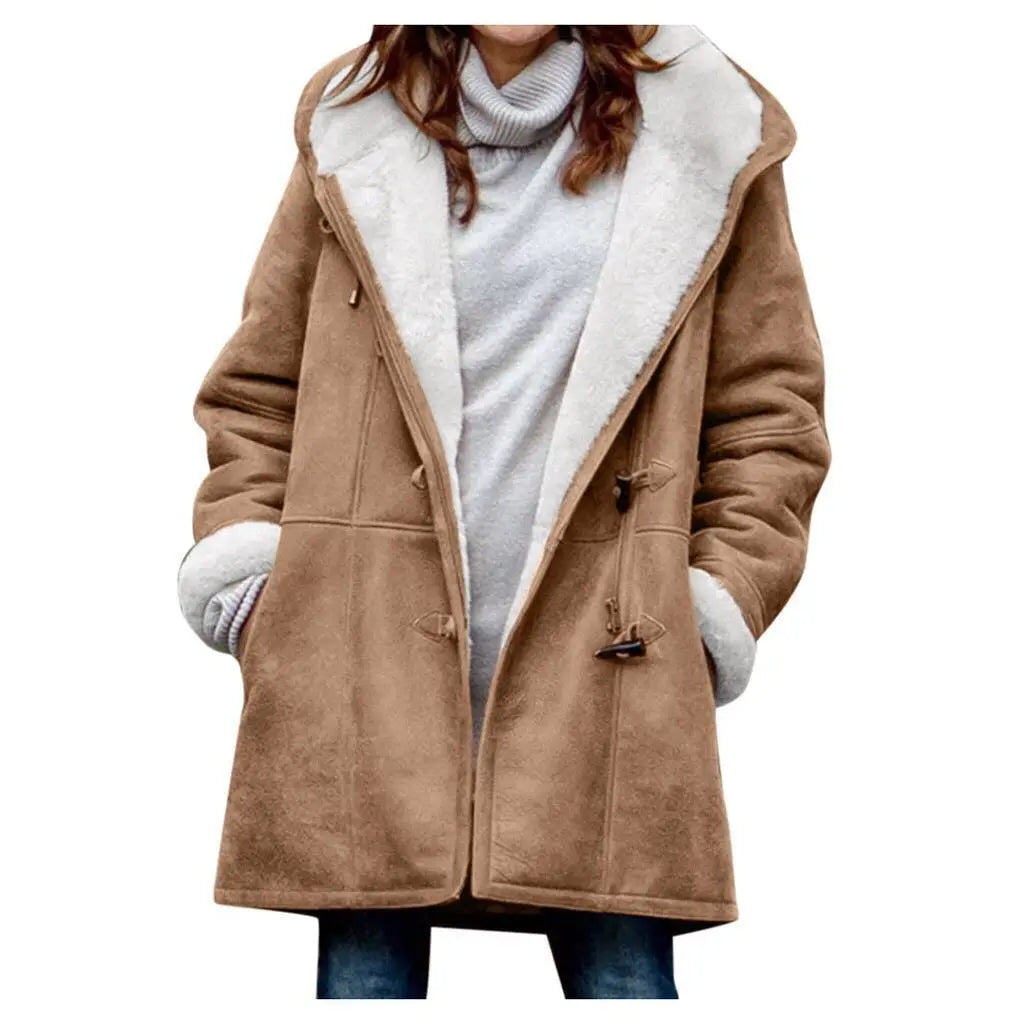 Street-Wave Fleece Shearling Jacket for Women Warm Cozy Mid Length Coat Luxurious Suede Look