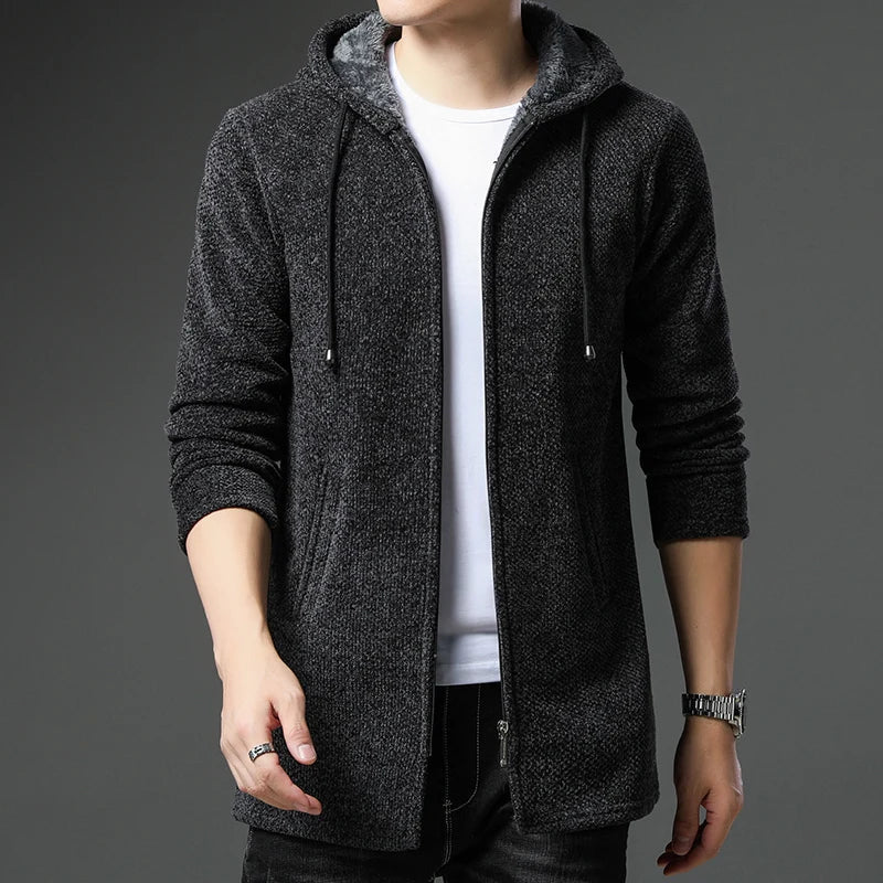 Street-Wave Finnian Chenille Wool Jacket For Men With Zip Front Fleece Lined Hood And Ribbed Cuffs