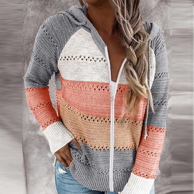 Street-Wave Hoodie Vest Knit Zip Front Color Block For Women Urban Streetwear Must Have