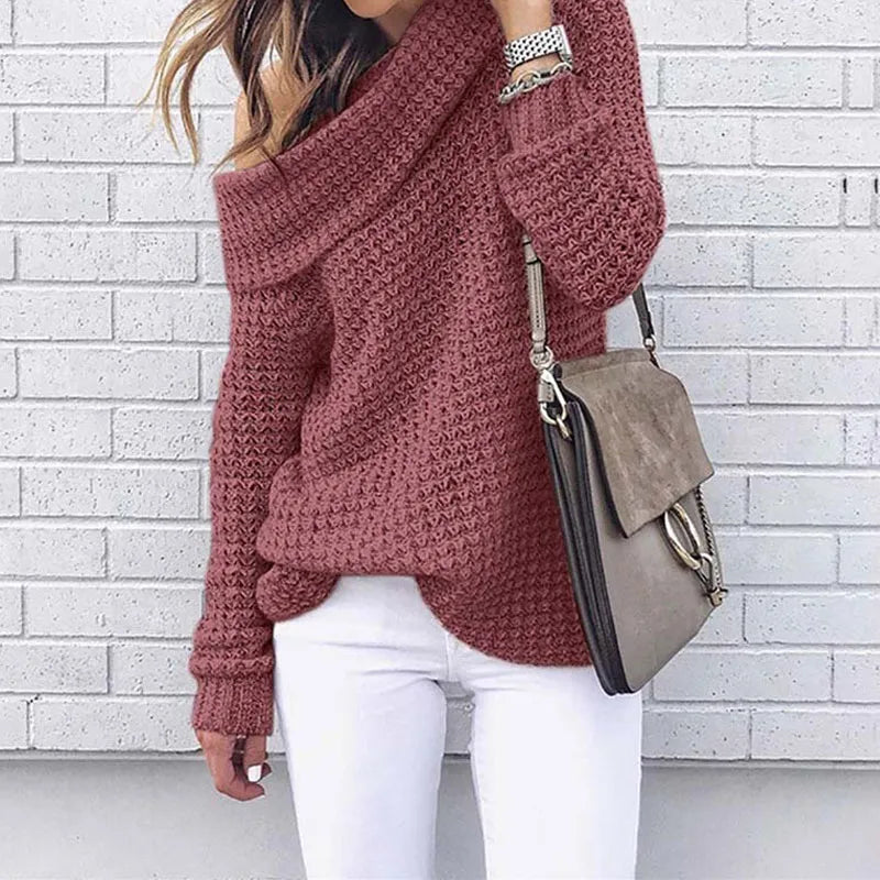 Streetwave Off Shoulder Knit Pullover For Women Warm Cozy Festive Winter Wear Trendy Casual Layering