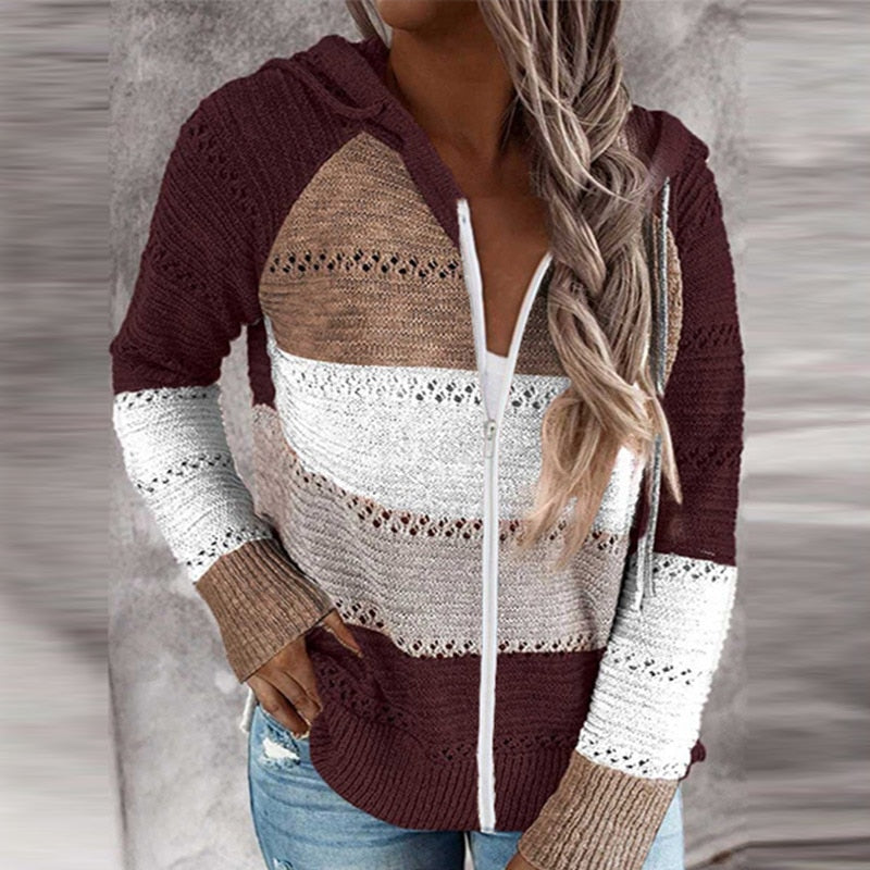 Street-Wave Hoodie Vest Knit Zip Front Color Block For Women Urban Streetwear Must Have