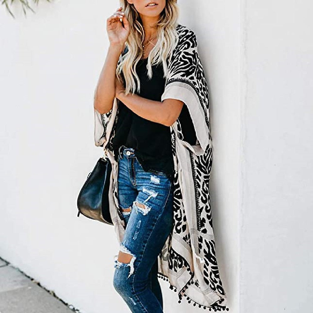 Street Wave Fiona Boho Kimono With Leaf Print And Fringed Detail For Women Lightweight Beach Coverup