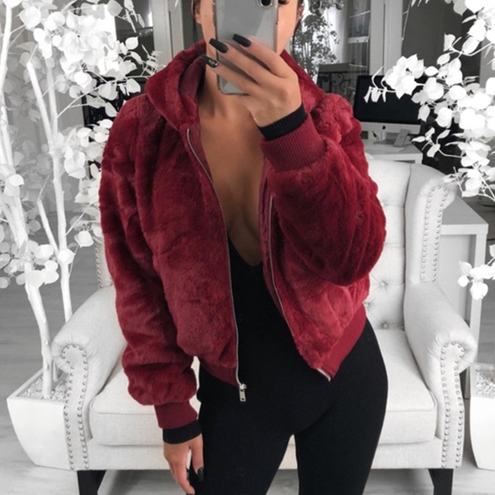 Street-Wave Womens Plush Fur Hoodie Cozy Warm Faux Fur Lined Sweatshirt For Winter Style And Comfort