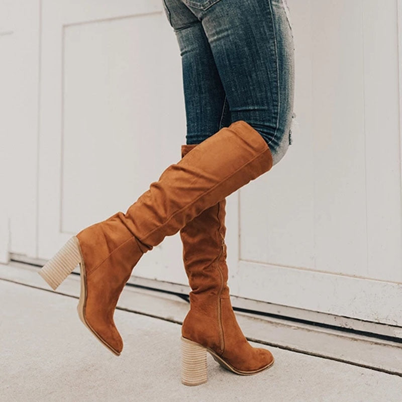 Street-wave Knee High Boots With Relaxed Shaft Block Heel Rounded Toe For Women Everyday