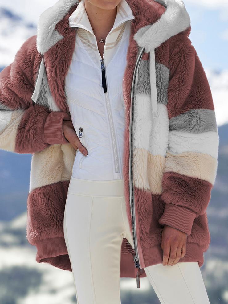 Street-wave Checkered Patchwork Plush Hooded Coat For Women Cashmere Blend Warmth