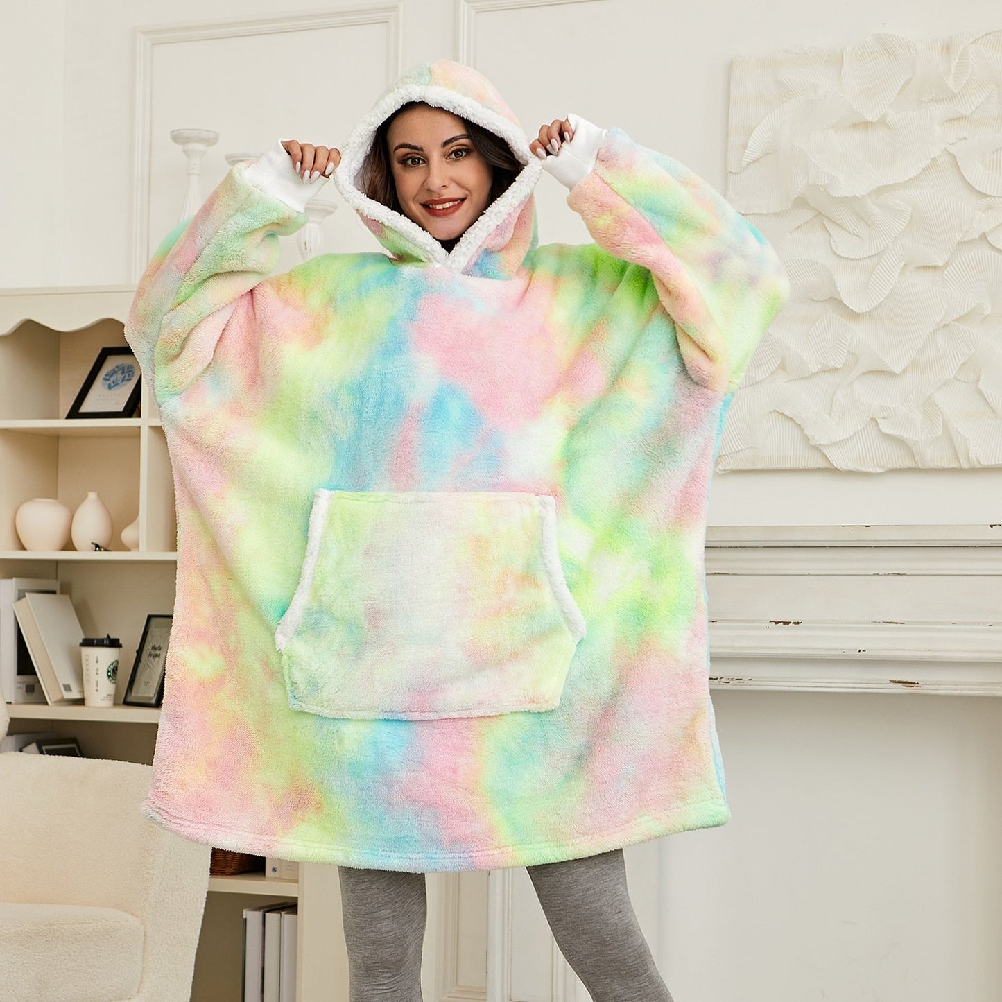 Street Wave Oversized Hoodie Kangaroo Pocket Plush Lining Plus Size Cozy Fleece Pullover
