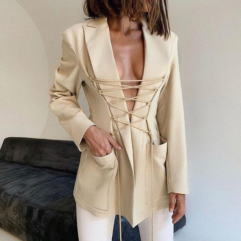 Street-wave Lace Up Blazer For Women With Pockets Elegant Black Design Chic Office To Evening