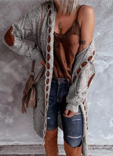 Street-wave Womens Cardigan Longline Cozy Knit With Playful Pattern Details And Bold Contrast Patches