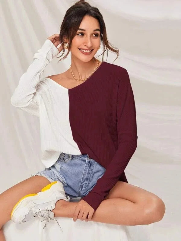Street-Wave Contrast Pullover For Women Color Block Knit With Ribbed Texture V-Neck Chic