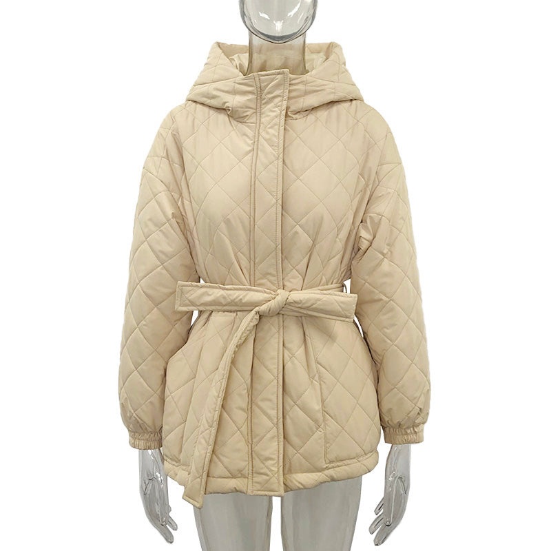 Street-Wave Quilted Hooded Puffer Parka With Tie Belt For Women Loose Fit Warm Winter Coat