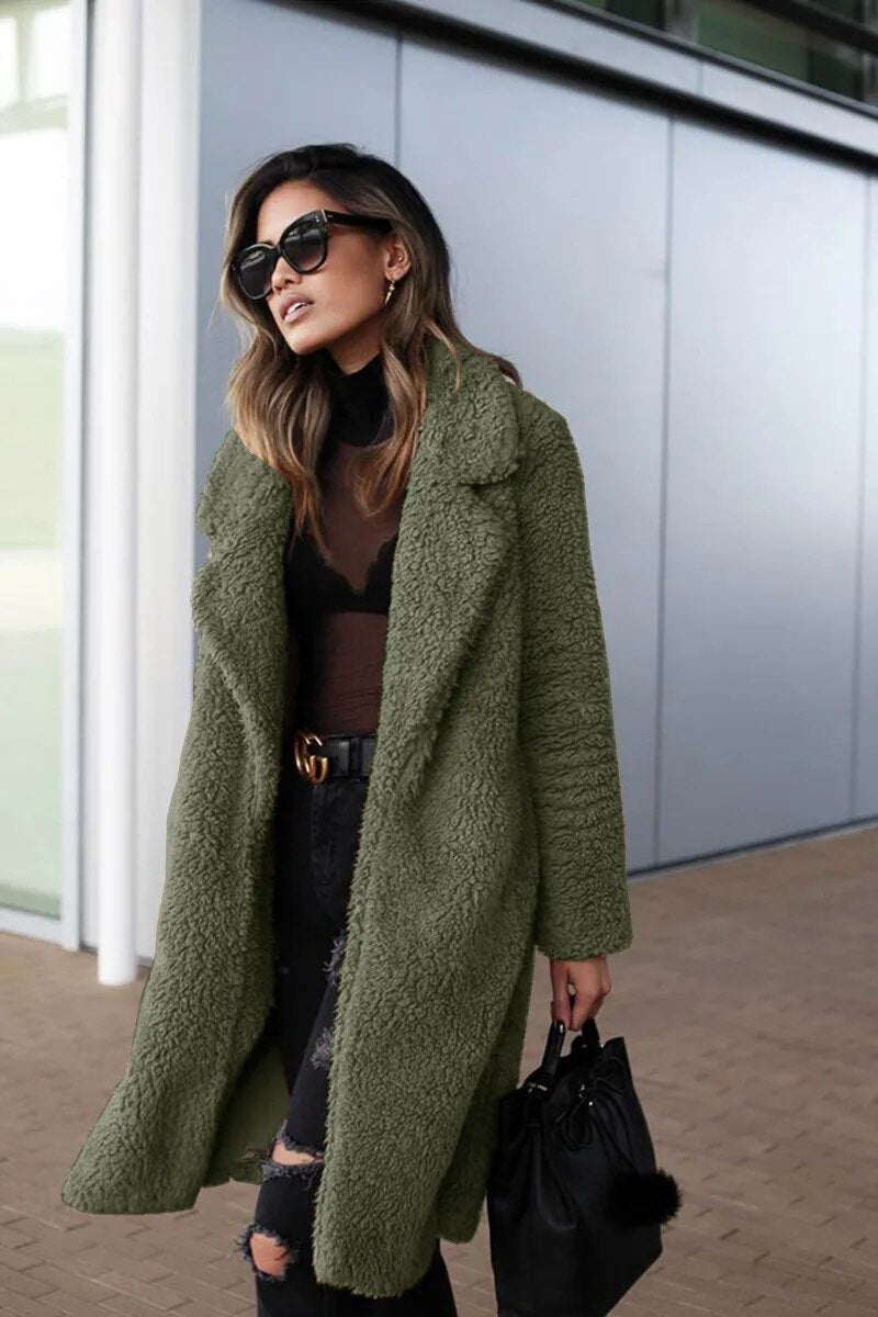 Street-wave Long Fleece Jacket For Women Warm Cozy Winter Coat Chic Urban Style Casual Everyday Wear