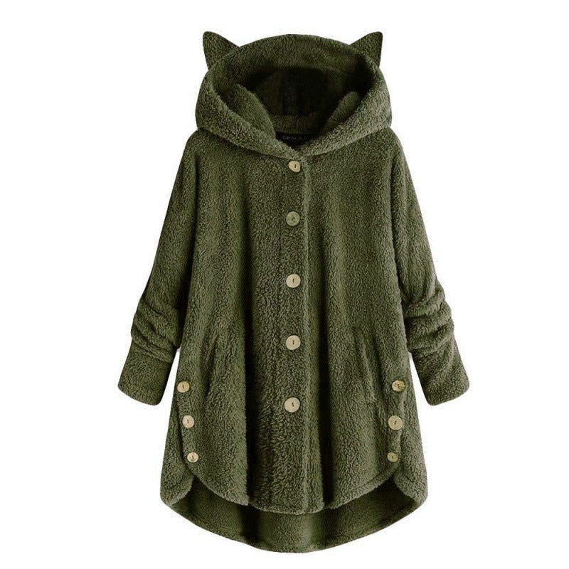 Street-Wave Cozy Plush Lined Hooded Coat For Women Warm Fleece Outerwear With Button Front