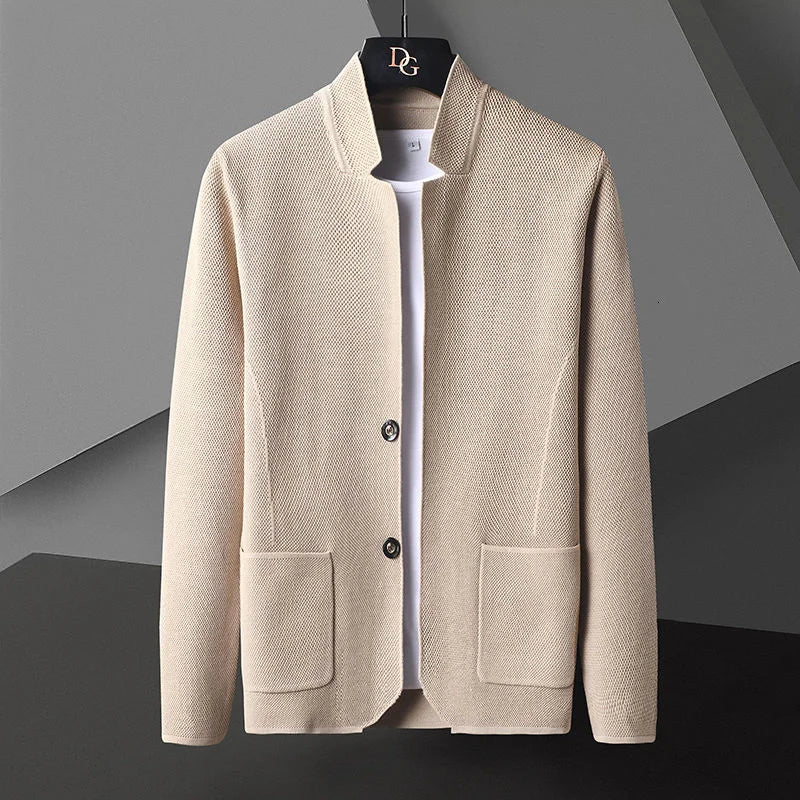 Street-Wave Men's Cashmere Knit Cardigan With Stand Collar Deep Pockets Slim Silhouette