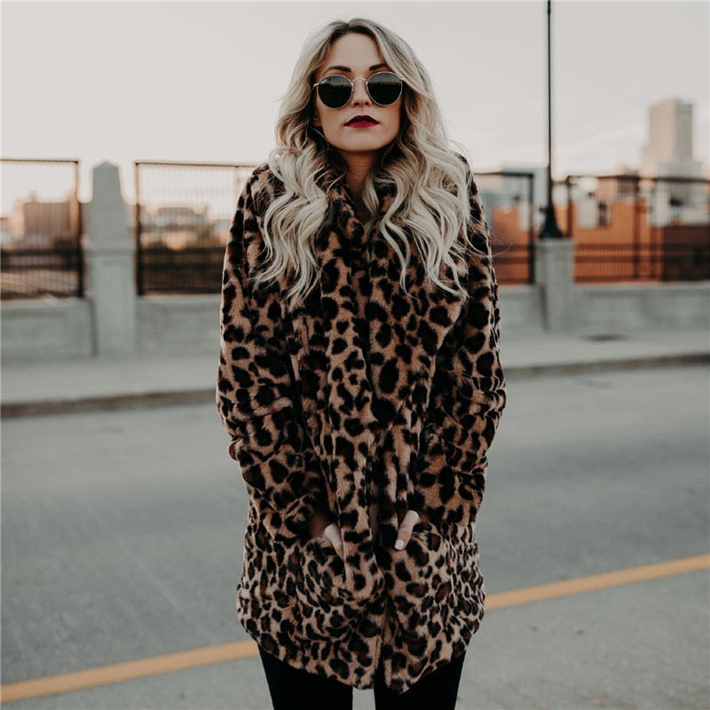 Street-Wave Leopard Print Faux Fur Jacket With Hood For Women, Cozy Warmth And Street Style Edge