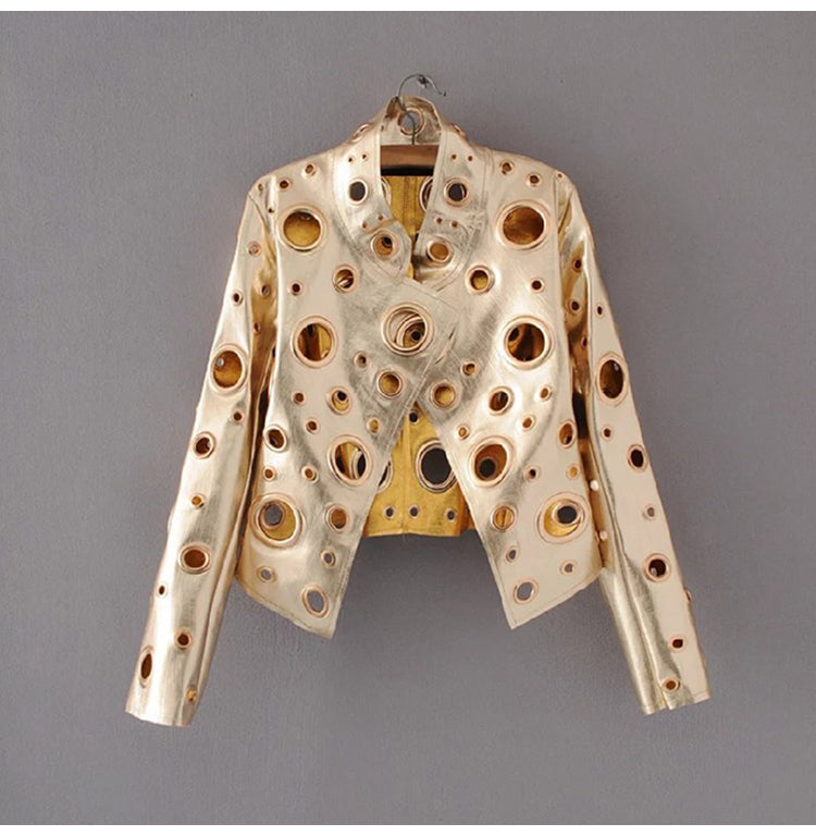 Street Wave Perforated Metallic Jacket With Mandarin Collar For Stylish Women On The Go