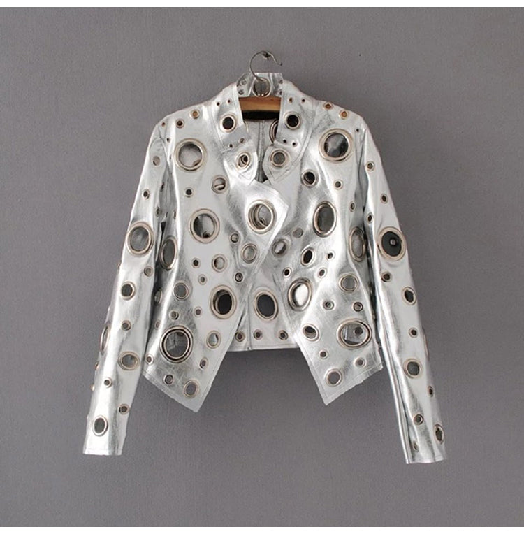 Street Wave Perforated Metallic Jacket With Mandarin Collar For Stylish Women On The Go