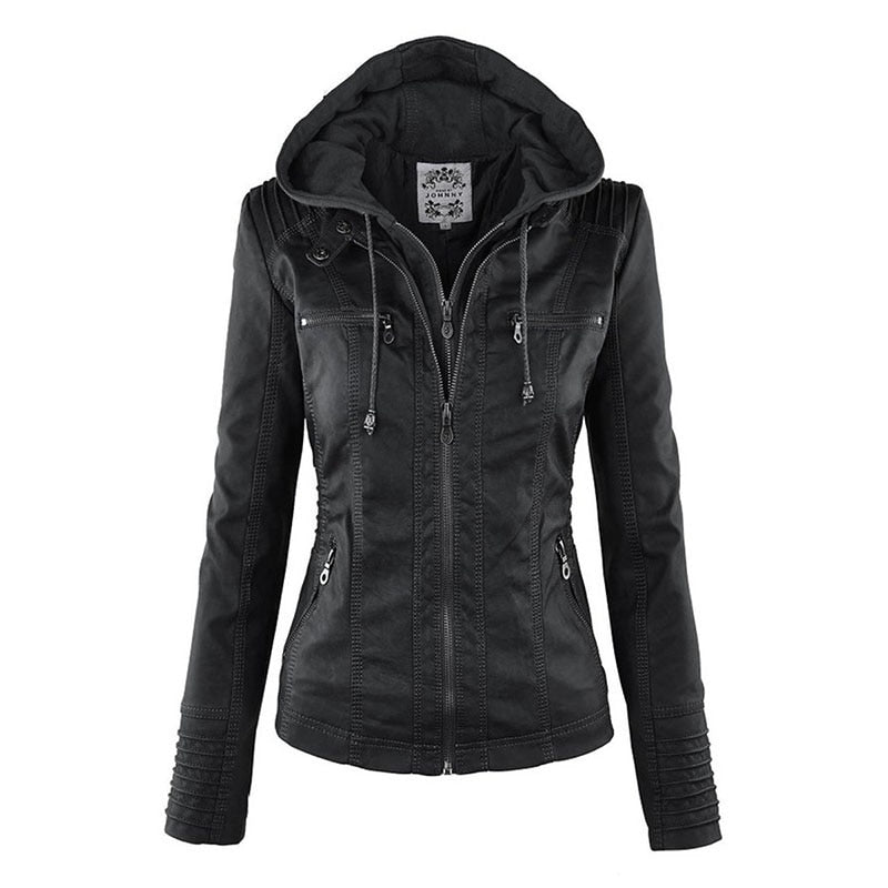 Street-wave Hooded Leather Jacket For Women Trendy Durable Versatile Transitional Coat