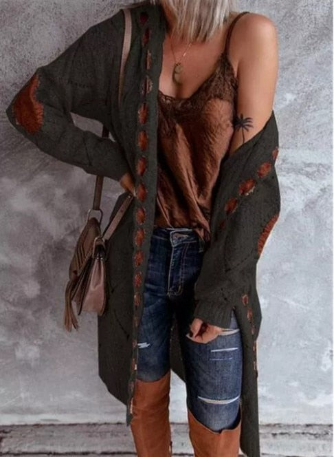 Street Wave Long Knit Cardigan For Women Cozy Boho Open Front Layering With Soft Texture And Warmth