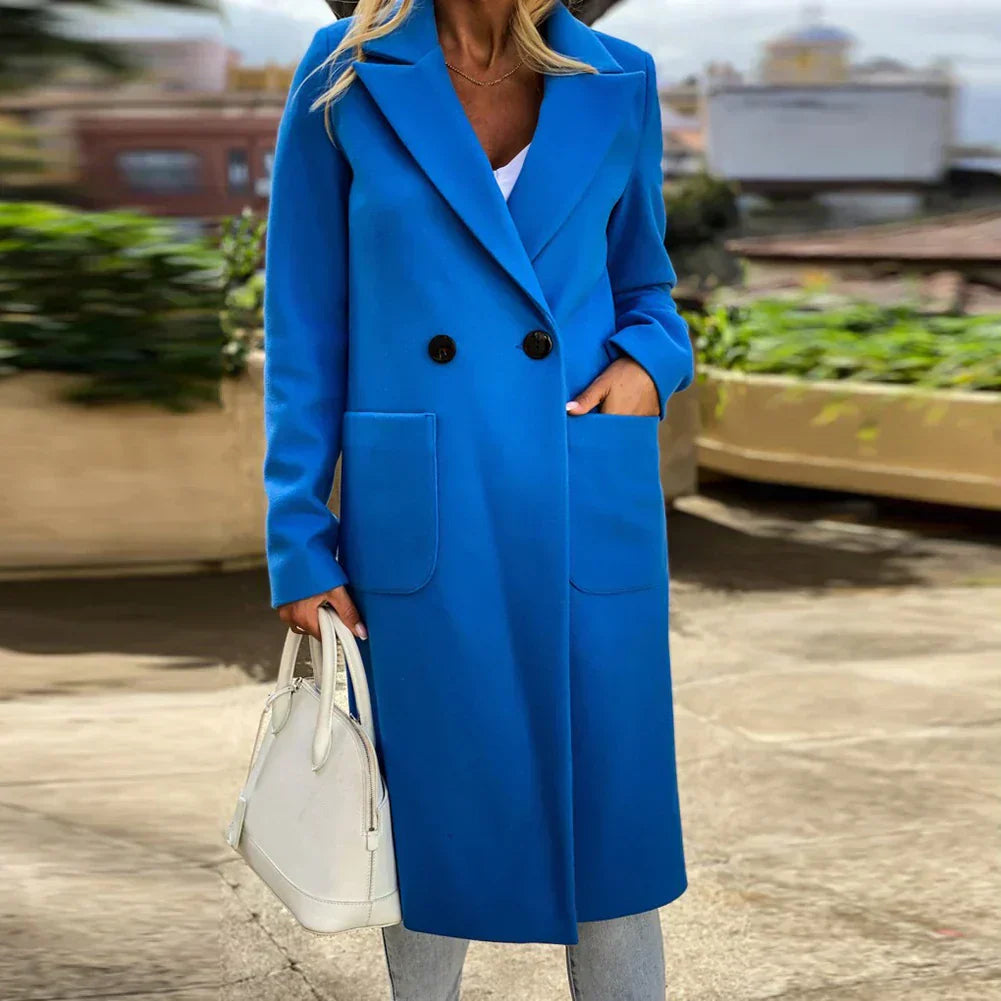 Street-wave Blue Double-Breasted Coat For Women - Cozy, Versatile Long Jacket With Chic Pockets
