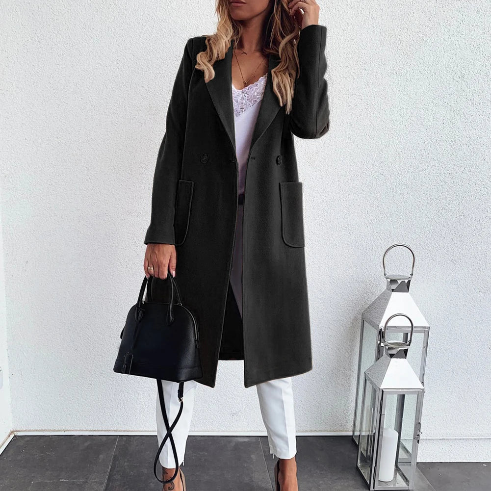 Street-wave Blue Double-Breasted Coat For Women - Cozy, Versatile Long Jacket With Chic Pockets