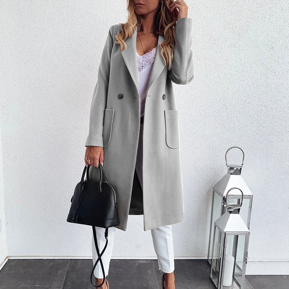 Street-wave Blue Double-Breasted Coat For Women - Cozy, Versatile Long Jacket With Chic Pockets